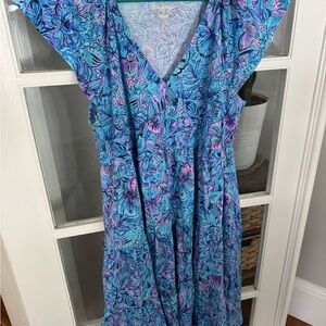 Lilly Pulitzer Blue and Pink Midi Sundress with Flutter Sleeves